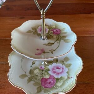 Vintage Lefton Green Heritage Floral Two-Tiered Serving Plates